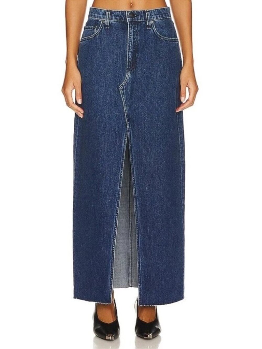 Rag & Bone Avery Denim Maxi Skirt Long Cotton Raw Hem Slit Pockets Blue Size 29